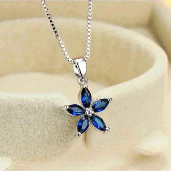 Sterling Silver 925 Blue Sapphire Flower Pendant Necklace - Picture 5 of 5